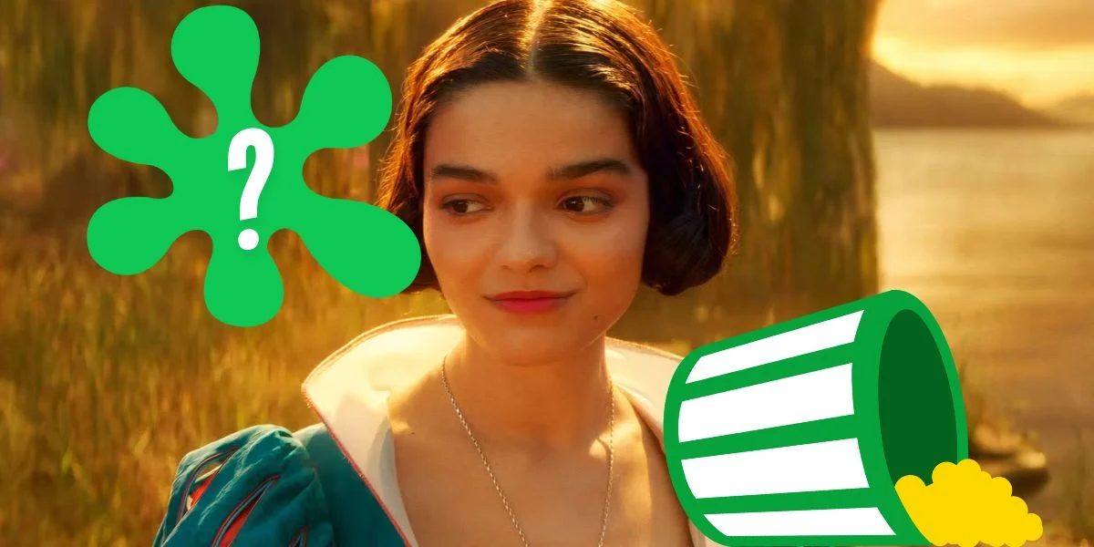 A woman with short dark hair and a blue dress stands outdoors at sunset, smiling slightly. A large green question mark and a green bucket are overlaid on the image.