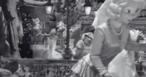 A black-and-white image of the motionless finale scene of Tiana's Bayou Adventure at Disneyland Park.