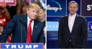 Left: Donald Trump at a podium. Right: Bob Iger in front of the Disney+ logo. Disney recently defended its DEI practices.