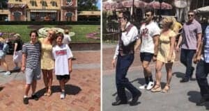 Left: Two people standing and smiling at Disneyland's entrance, with flowers arranged as Mickey Mouse. Right: A group of people walking in Disneyland, including a person in a vest on a phone, and others in casual clothing.