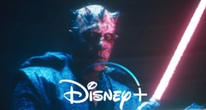 A menacing figure with red and black facial markings, horn-like protrusions on his head, and a glowing red lightsaber stands in the dark. The Disney+ logo is overlaid on the image.
