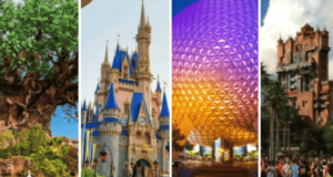 Four iconic Disney World attractions: the Tree of Life, Cinderella Castle, Epcot’s Spaceship Earth geodesic sphere, and the Hollywood Tower Hotel from the Tower of Terror ride, each under a bright sky.