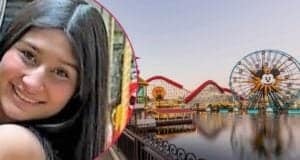 A smiling girl with long dark hair is shown in a circular frame on the left. On the right is an amusement park with a large Mickey Mouse Ferris wheel and roller coasters by a waterfront.