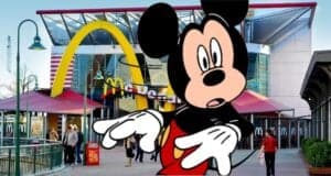 Mickey Mouse shocked in front of McDonald's
