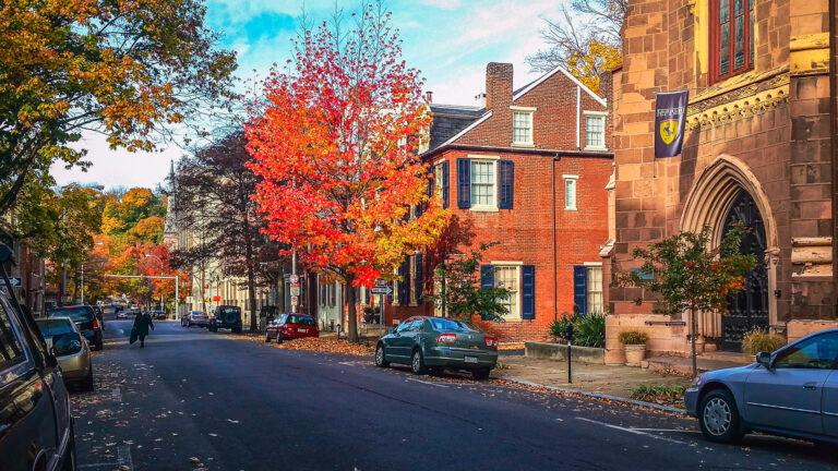 View of historic buildings and a street lined with trees