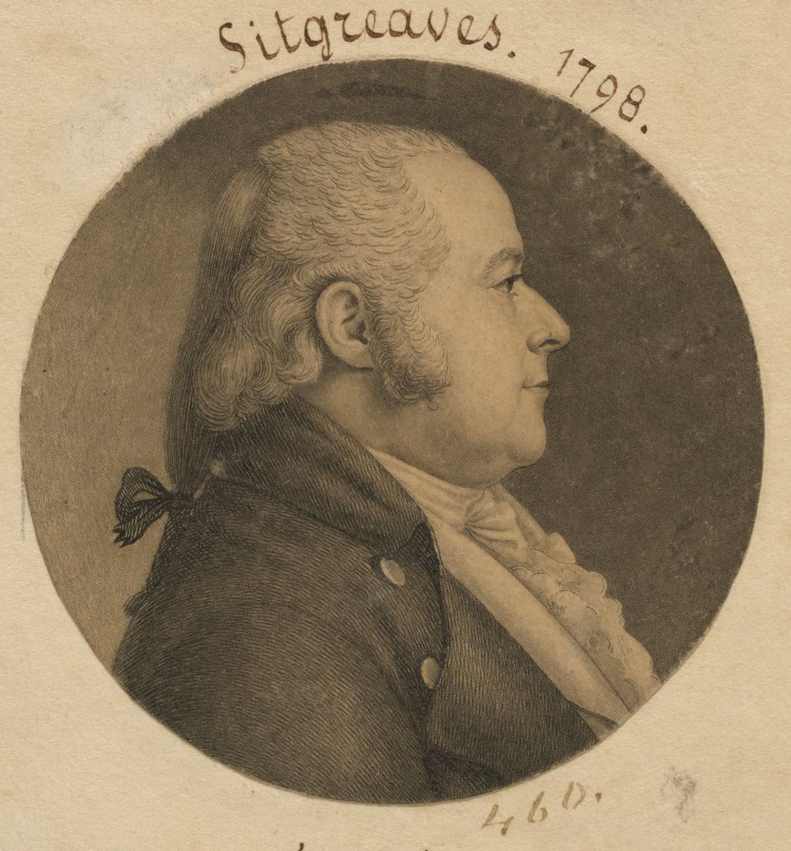 Black and white portrait of a man's profile dated 1798 in handwriting with name Sitgreaves
