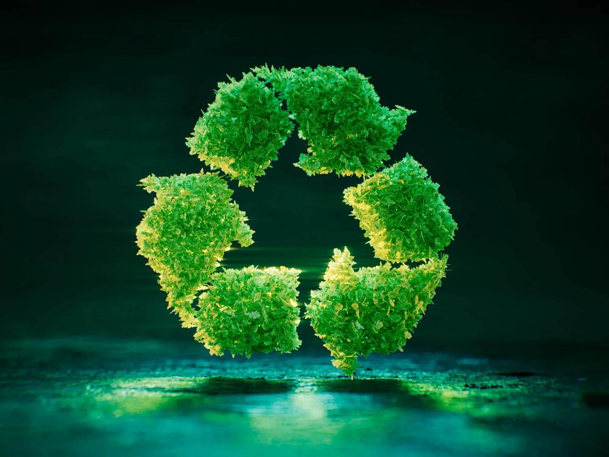 Greenwashing. Imagem com fundo preto e uma simbolo de reciclagem verde com textura de gramas, abaixo uma luz verde.