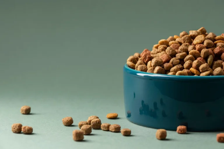 Resíduos de ração animal. Imagem com fundo verde e uma tijela de ração a direita. A vasilha tem cor azul e as rações tonalidade marrom.