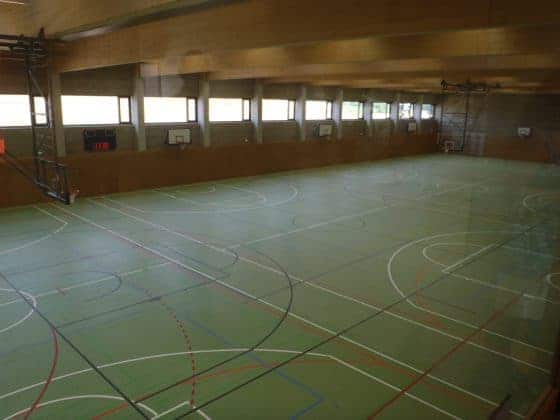 a indoor sports court with a green floor