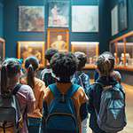 A group of school children on a field trip exploring a museum