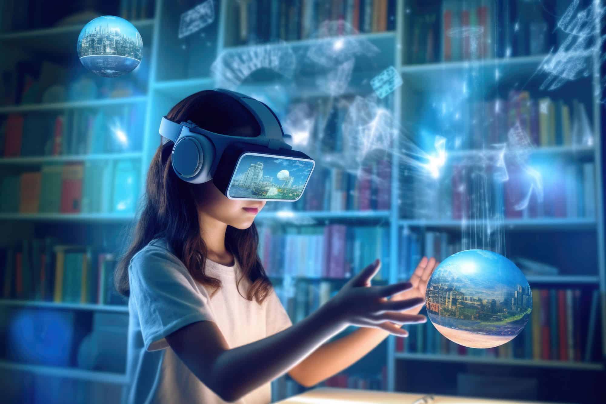 a girl wearing virtual reality goggles, successful smartphone policies in schools