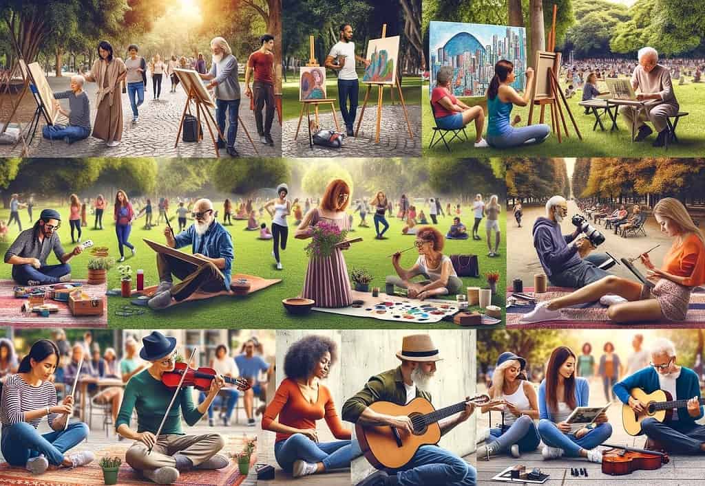 Image depicting a group of diverse individuals engaged in various hobbies in a park setting. You can see the lively and colorful scene with people painting, practicing yoga, playing musical instruments, and participating in a photography workshop, all set against the backdrop of a beautiful park.