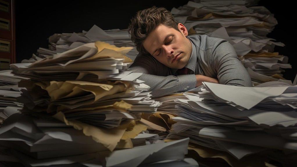 man sleeping on a huge pile of old papers