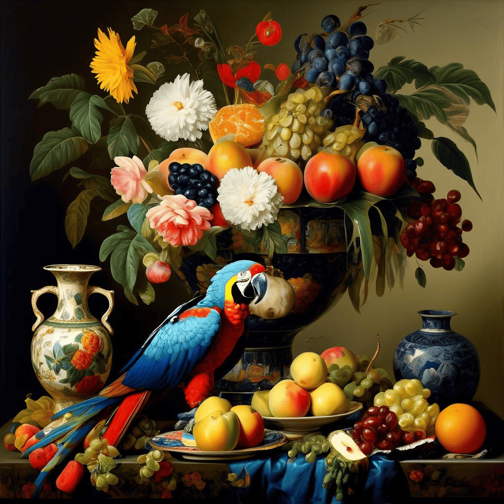 Still life of Macaw, Chinese Vase and Fruit – Alexander Pope