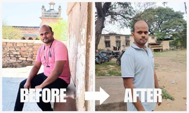 Before and after photo showing Devraj's 33-pound weight loss in 2 months, highlighting a transformation through healthy eating and fitness.