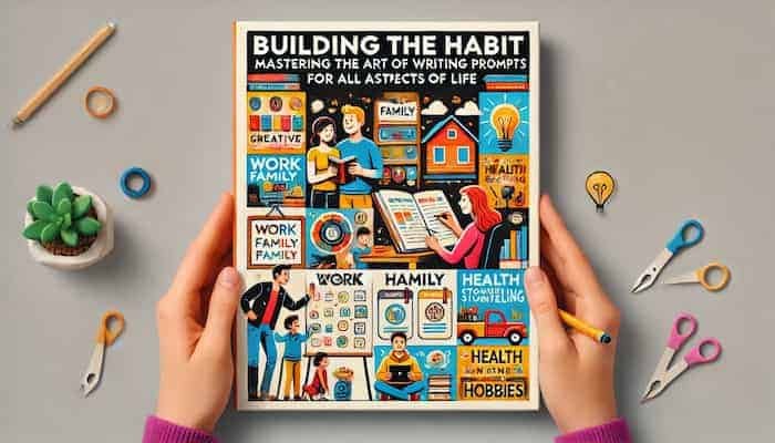 Cartoon illustration showing a planner, a family storytelling, and a professional brainstorming, symbolizing creative prompts for work, family, health, and hobbies, titled 'Building the Habit: Mastering the Art of Writing Prompts for All Aspects of Life' – Fit Techie.