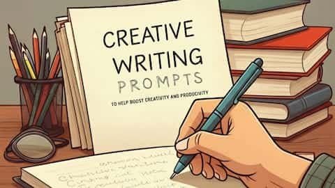 A hand writing in a notebook with the text "Creative Writing Prompts: To Help Boost Creativity and Productivity" displayed alongside books and pencils, symbolizing writing and inspiration