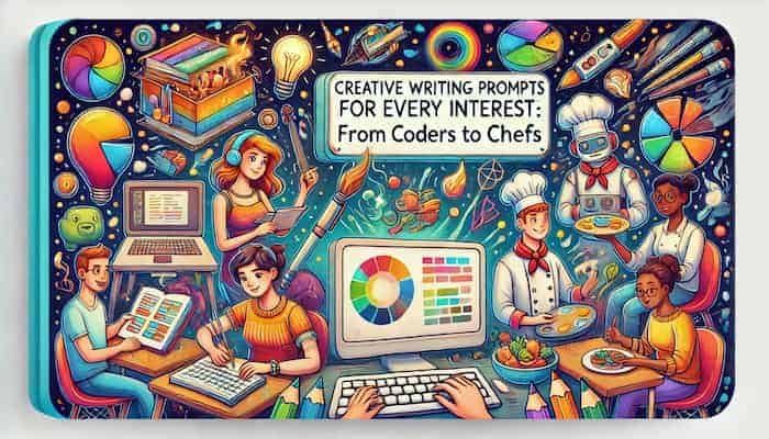 Cartoon illustration showcasing diverse interests for creative writing prompts, featuring a coder, a chef, and an artist, titled 'Creative Writing Prompts for Every Interest: From Coders to Chefs' – Fit Techie