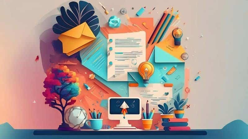 A creative collage featuring writing tools, light bulbs symbolizing ideas, and colorful illustrations, representing inspiration and creativity for writing prompts.
