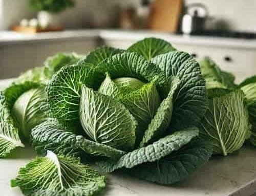 Fresh cabbage leaves spread on a kitchen countertop, showcasing light green, crisp, and healthy texture in a modern kitchen setting.
