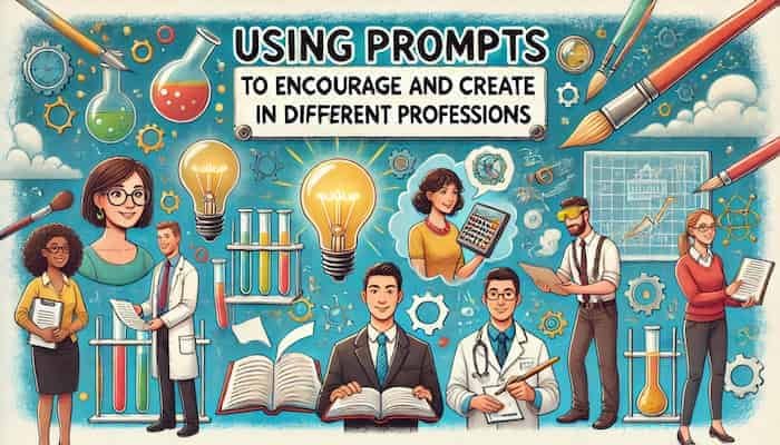 Cartoon illustration depicting a teacher, scientist, writer, and engineer using prompts to foster creativity, titled 'Using Prompts to Encourage and Create in Different Professions' – Fit Techie.
