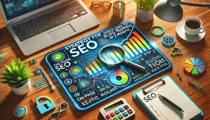 Feature image showcasing a strategy for SEO with a 2-month growth plan, highlighting analytics, optimization, and blog traffic strategies.