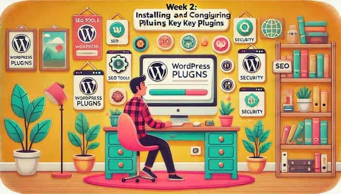 Illustration of a developer configuring essential plugins for a website, highlighting a strategy for SEO and productivity, branded by Fit Techie.