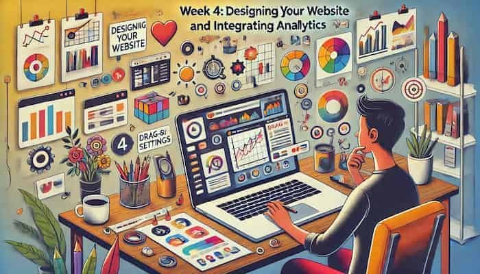 Cartoon of a website designer integrating analytics into a web design project, showcasing a strategy for SEO optimization, featured by Fit Techie.