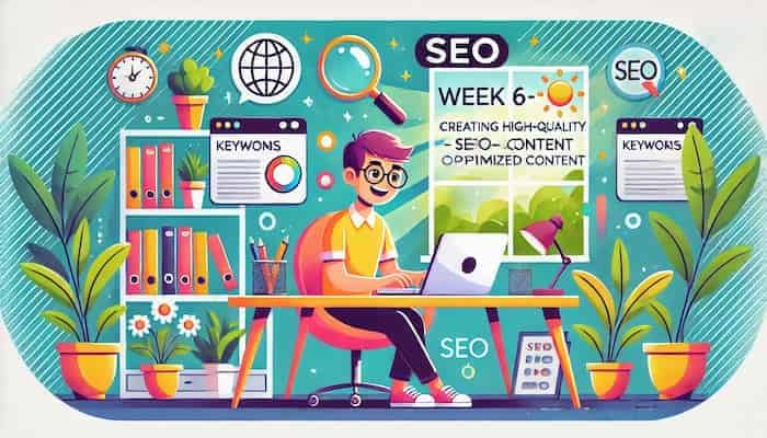 Cartoon illustration of a content writer at a desk, working on SEO strategies with floating icons of graphs, keywords, and a globe. Highlighting the strategy for SEO, part of Week 6 content from Fit Techie.