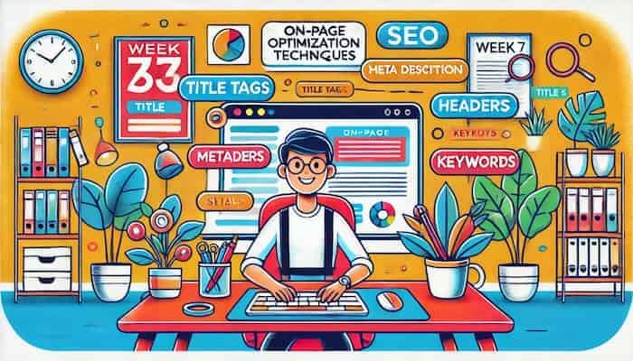 Cartoon depiction of a strategist working on a website with icons of title tags, meta descriptions, and headers floating around, showcasing on-page SEO strategies from Fit Techie.