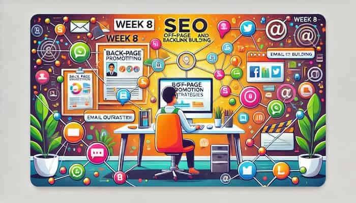 Cartoon-style illustration of an SEO specialist using backlink-building and social media outreach strategies, emphasizing off-page SEO techniques for Fit Techie.