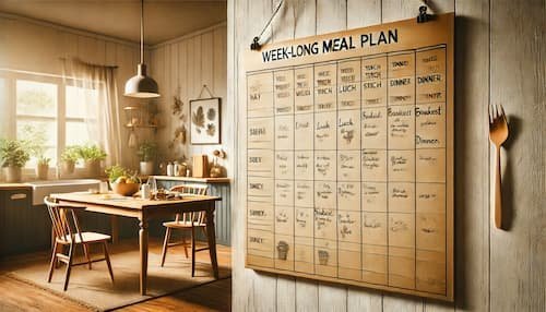 weekly meal plan chart on a kitchen wall, showcasing meals for the cabbage soup diet and 7-day cabbage soup diet plan.