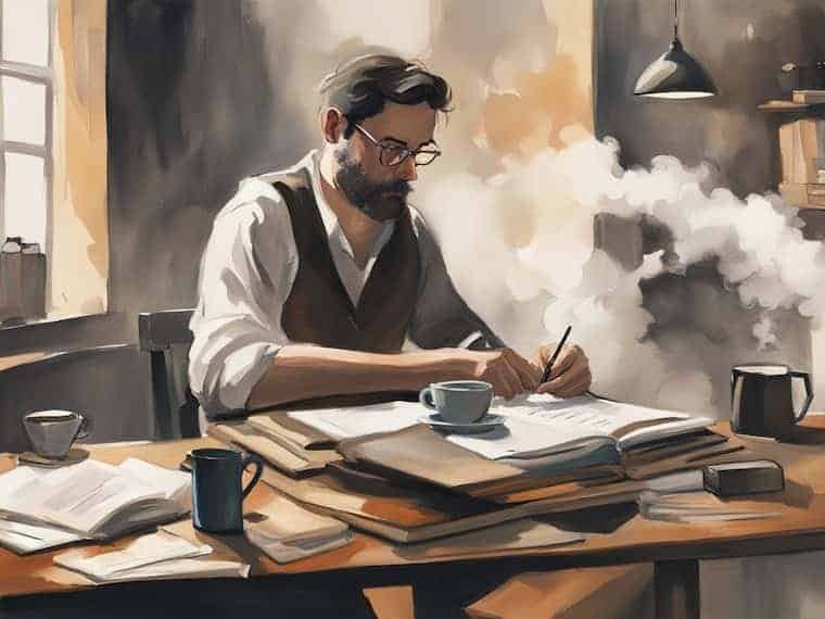 Writer working on a prompt of a story in a creative and cozy workspace.
