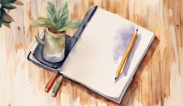 A cozy creative workspace featuring a blank notebook, a pencil, a small potted plant, and vibrant colors, symbolizing inspiration for a 'prompt of a story.'