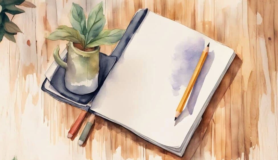 A cozy creative workspace featuring a blank notebook, a pencil, a small potted plant, and vibrant colors, symbolizing inspiration for a 'prompt of a story.'