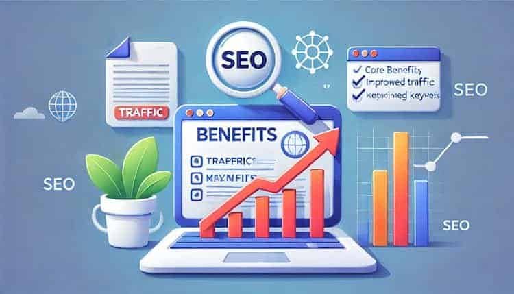 A minimal cartoon-style illustration showcasing the benefits of SEO for websites. The image features a laptop with an upward traffic arrow, a magnifying glass highlighting keywords, and a bar graph representing growth. The design emphasizes improved visibility, increased traffic, and keyword optimization in a clean and vibrant style.