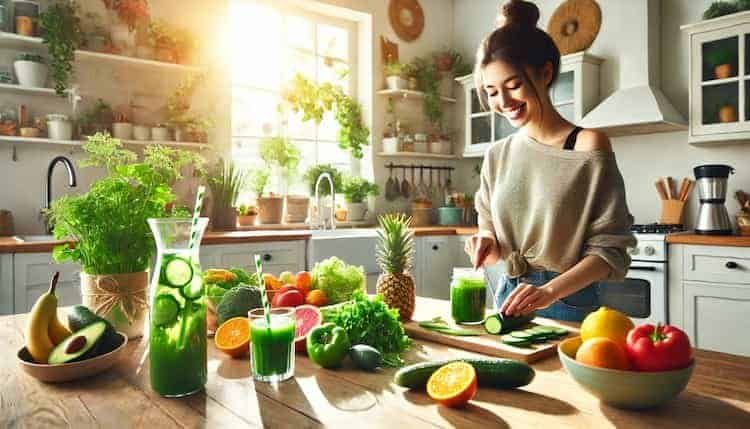 Bright kitchen scene with fresh fruits, vegetables, detox drinks like green smoothies and infused water. A smiling person is preparing a healthy detox-friendly meal, with their face fully visible, in a vibrant, refreshing, and health-focused setting.