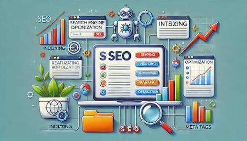 A cartoon-style illustration depicting the process of how SEO works, including elements like crawling bots, indexing with folders, ranking with upward graphs, and optimization with a magnifying glass focusing on keywords and meta tags. The design highlights the steps of SEO in action within a modern digital workspace.