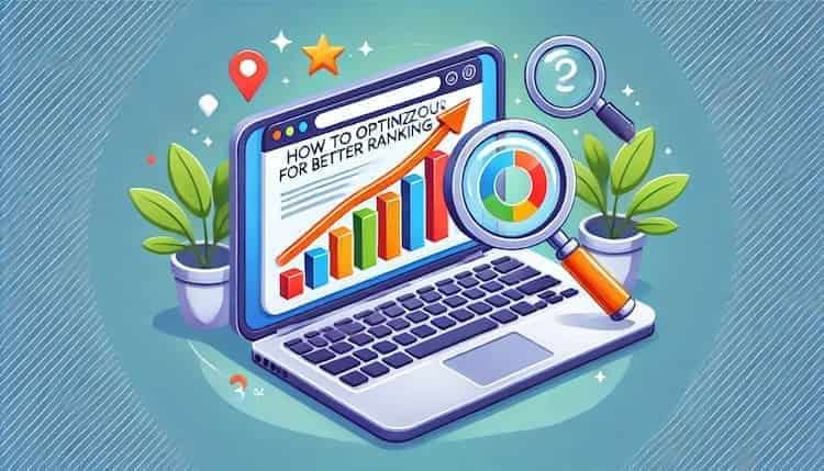 A cartoon-style illustration depicting website optimization for better search rankings. The image features a laptop displaying a website interface, an upward trend graph, and a magnifying glass focusing on a highlighted section of the page. The clean and modern design emphasizes SEO optimization techniques.