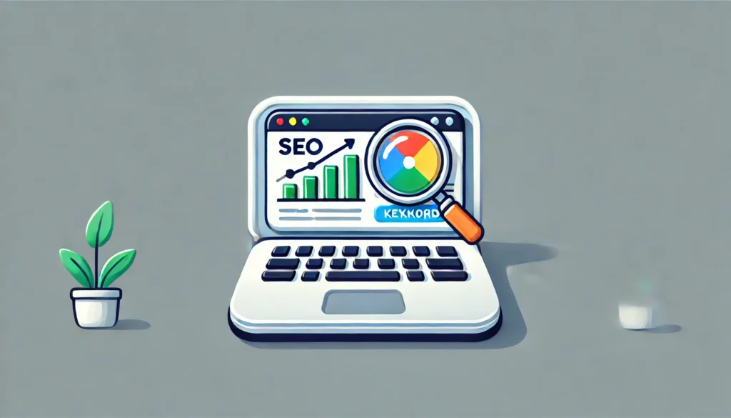 A minimal cartoon-style illustration for tools and resources for SEO. The image features a laptop displaying an analytics chart with upward trends and a magnifying glass over a keyword report. The clean and modern design focuses on essential SEO tools without unnecessary clutter.