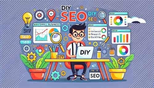 Cartoon-style illustration of a small business owner optimizing DIY SEO, working on a laptop with SEO analytics, keyword research, and ranking graphs.