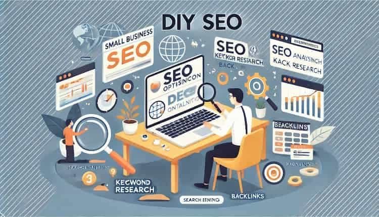 Small business owner optimizing DIY SEO with keyword research, analytics, and ranking graphs on a laptop. Digital marketing icons represent SEO strategies.