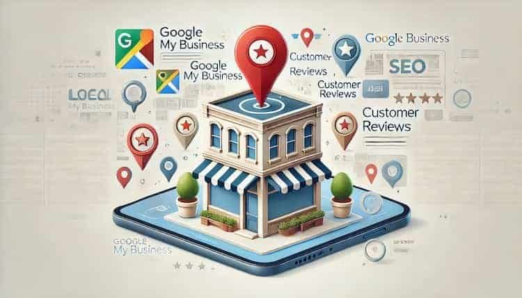Illustration of a storefront with a Google Maps location pin, digital icons for Google My Business, customer reviews, and business citations, representing local SEO strategies.