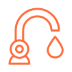 Icon of an orange faucet with a single water droplet falling from the spout on a black background.