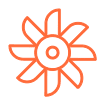 An abstract, orange flower-like symbol with a circular center and petals radiating outward against a white background.