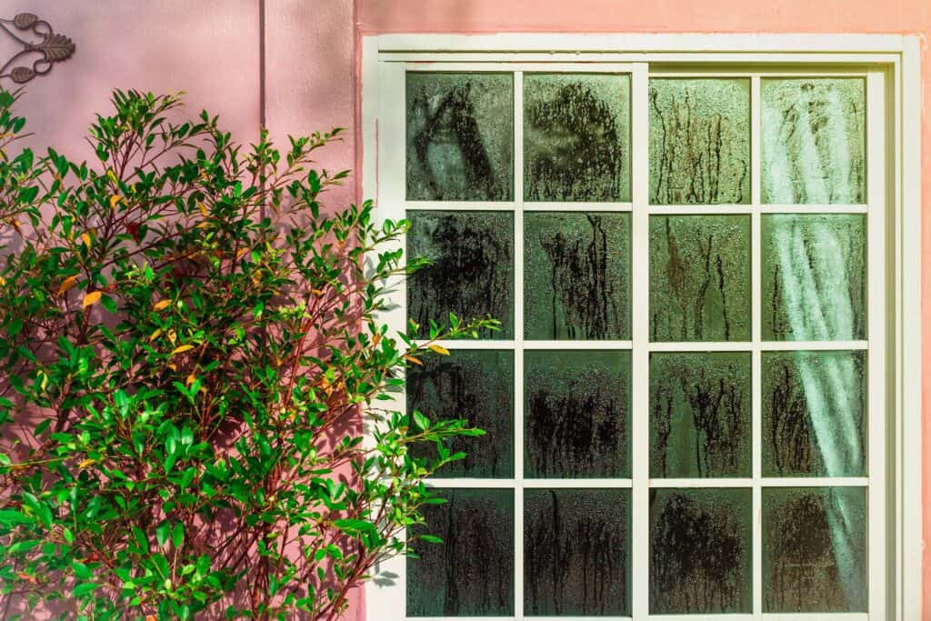A misty glass window divided into panes sits comfortably beside lush green foliage against a charming pink wall, evoking the cozy vibe of a Florida home where dehumidifiers keep the air crisp.