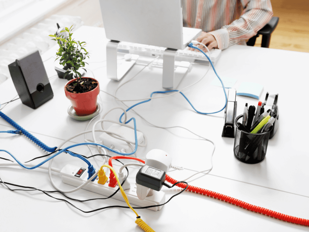 A cluttered desk with a laptop, tangled cables, power strips, plants, and office supplies—navigating this space carefully is key to preventing electrical hazards.