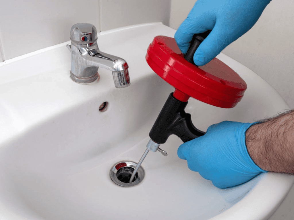 Wearing blue gloves, a person uses a red and black drain auger to tackle the stubborn bathroom sink. For those daunting clogged drains, it's wise to call a pro for expert plumbing services.