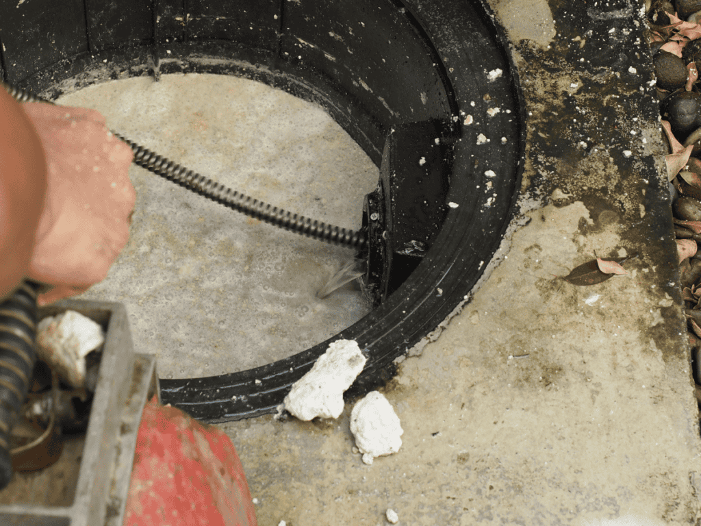 Using a flexible tool for professional drain snaking, a person efficiently clears debris from the round drain. Surrounded by a concrete surface, scattered leaves and fragments are quickly whisked away.
