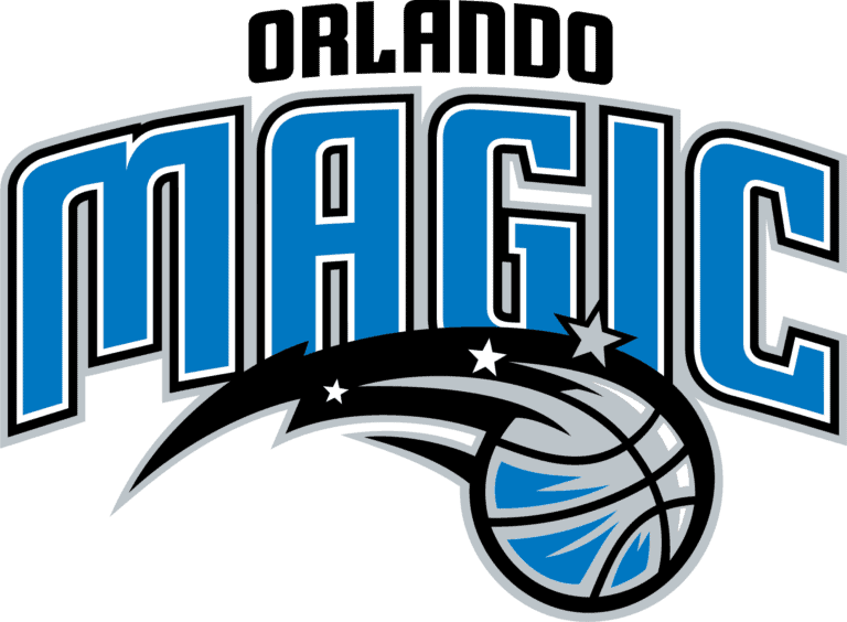 The Orlando Magic logo, reminiscent of an initiative in design, showcases bold blue and white text, featuring a silver basketball adorned with stars and a motion trail.